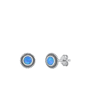 Sterling Silver Oxidized Blue Lab Opal Round Earrings