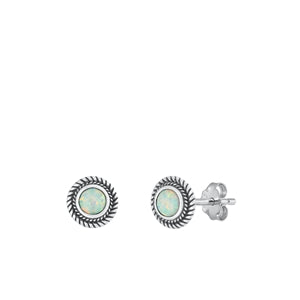 Sterling Silver Oxidized White Lab Opal Round Earrings