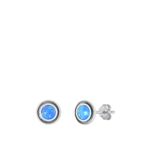 Sterling Silver Oxidized Round 7mm Blue Lab Opal Earrings