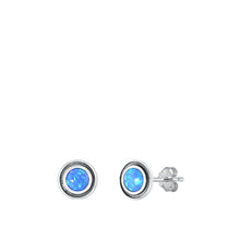 Load image into Gallery viewer, Sterling Silver Oxidized Round 7mm Blue Lab Opal Earrings