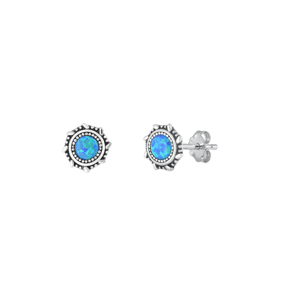Sterling Silver Oxidized And Polished Round Blue Lab Opal Earrings