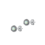 Sterling Silver Oxidized Round White Lab Opal Earrings