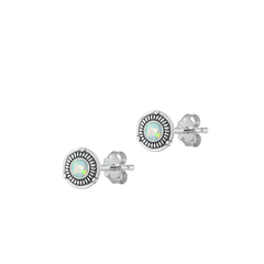 Sterling Silver Oxidized Round White Lab Opal Earrings