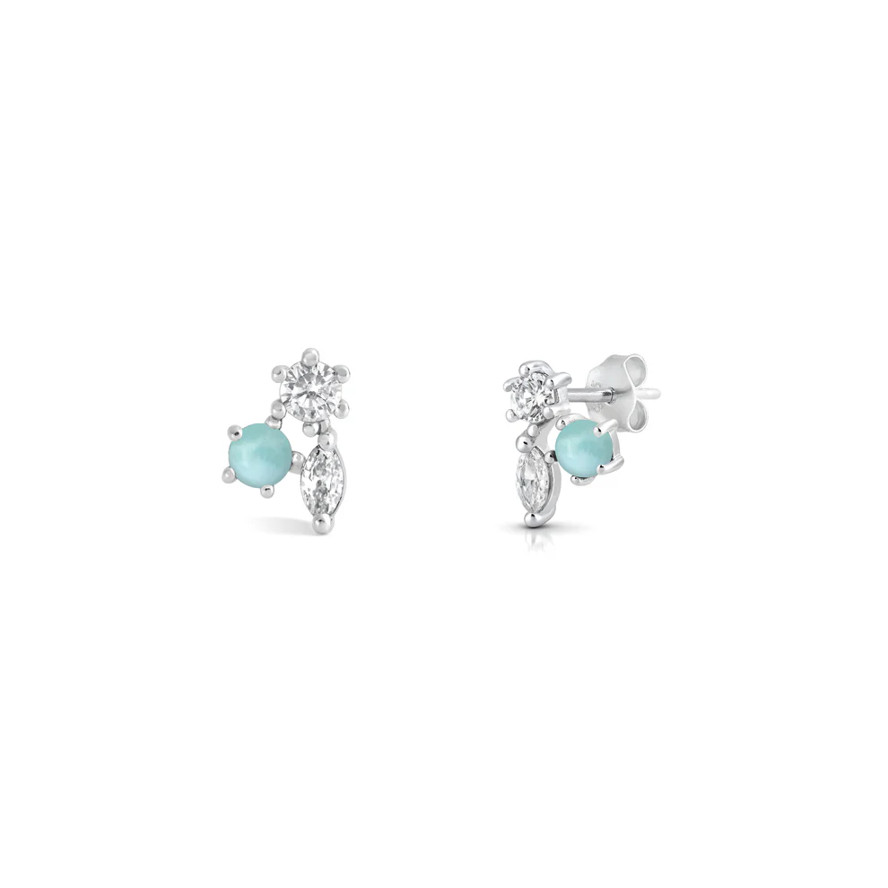 Sterling Silver Rhodium Plated Cluster Larimar Stone Earrings