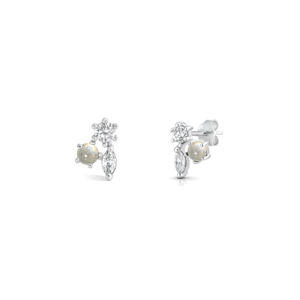 Sterling Silver Rhodium Plated Cluster Moonstone Earrings