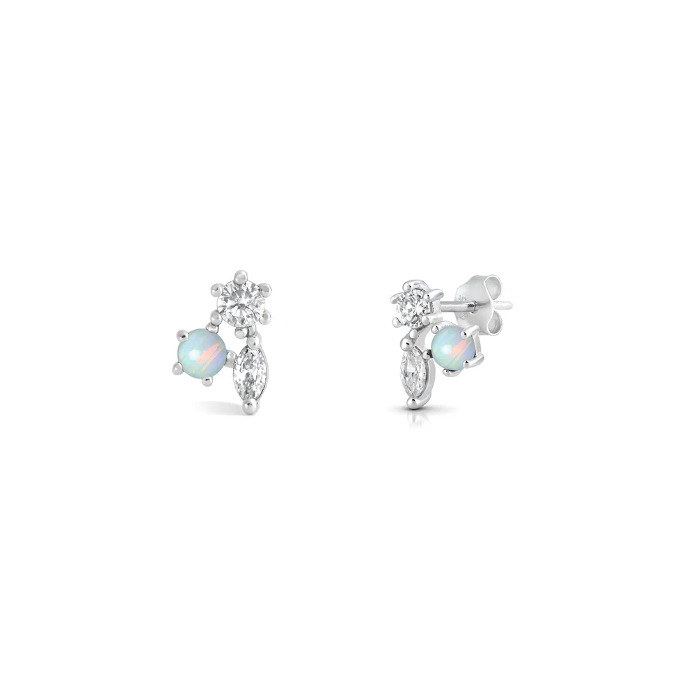Sterling Silver Rhodium Plated Cluster White Lab Opal Earrings