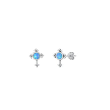 Load image into Gallery viewer, Sterling Silver Oxidized Blue Lab Opal Cross Earrings