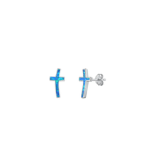 Load image into Gallery viewer, Sterling Silver Rhodium Plated Cross Blue Lab Opal Earrings