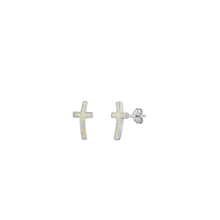 Load image into Gallery viewer, Sterling Silver Rhodium Plated Cross White Lab Opal Earrings