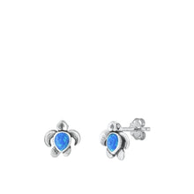 Load image into Gallery viewer, Sterling Silver Oxidized Turtle Blue Lab Opal Earrings