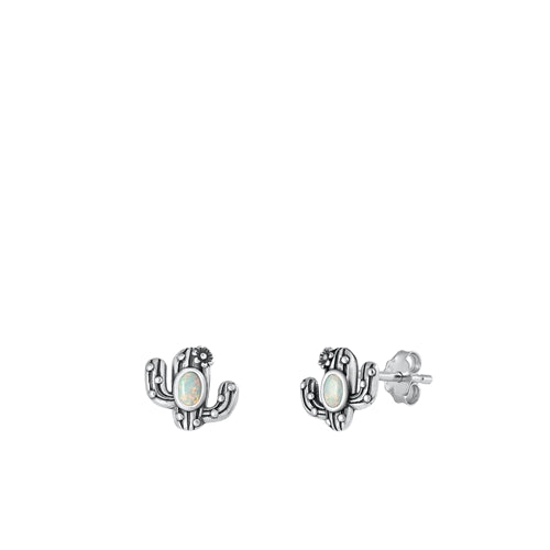 Sterling Silver Oxidized Cactus White Lab Opal Earrings