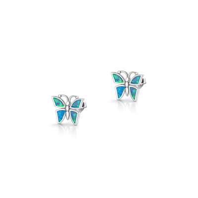 Sterling Silver Oxidized And Polished Butterfly Blue Lab Opal Earrings