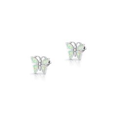 Sterling Silver Oxidized And Polished Butterfly White Lab Opal Earrings