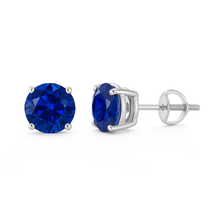 Load image into Gallery viewer, Sterling Silver Rhodium Plated Round Lab Created Sapphire Earrings