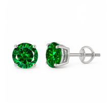 Load image into Gallery viewer, Sterling Silver Rhodium Plated Round Lab Created Emerald Earrings