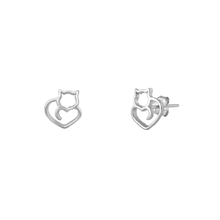 Load image into Gallery viewer, Sterling Silver Oxidized Cat And Heart Stud Earrings