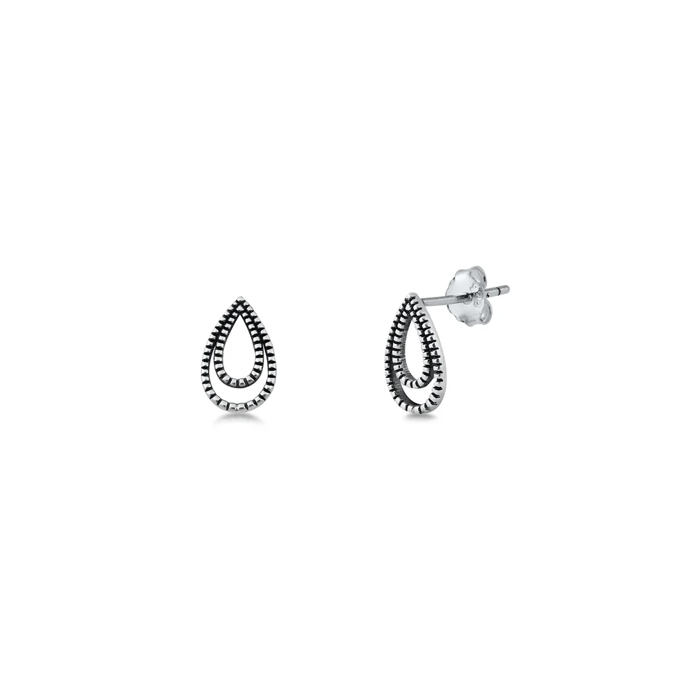 Sterling Silver Oxidized Drop Bali Style Stud Earrings