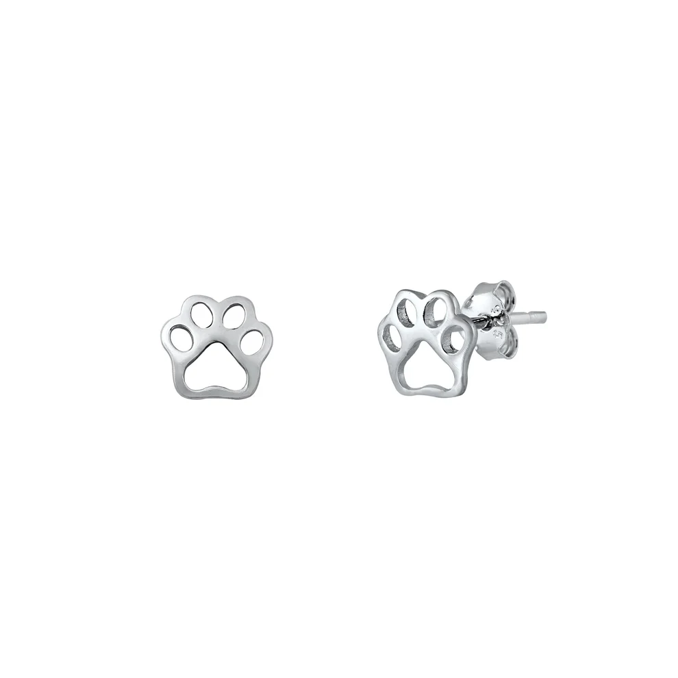 Sterling Silver Rhodium Plated Paw Print Stud Earrings