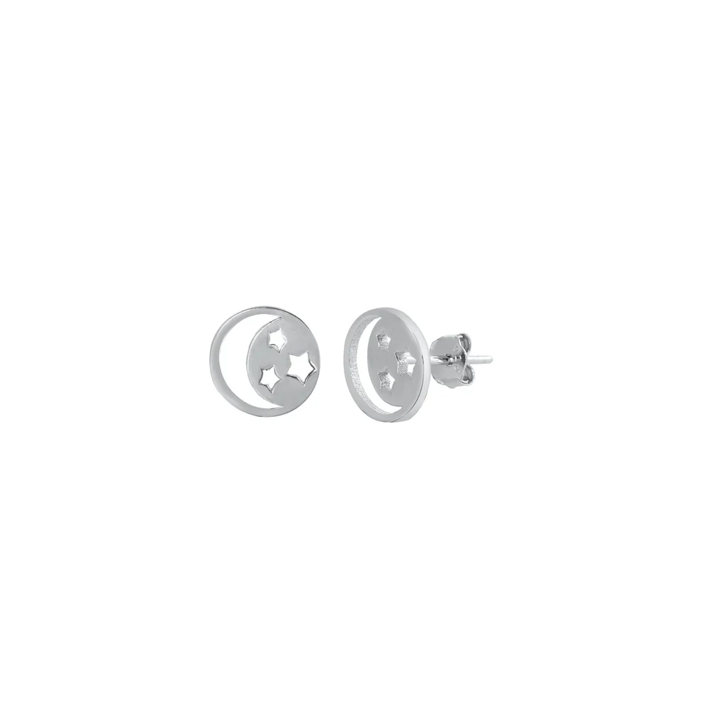 Sterling Silver Rhodium Plated Crescent Moon And Stars Stud Earrings