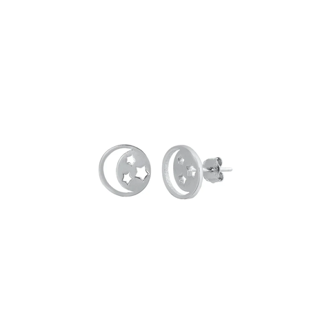 Sterling Silver Rhodium Plated Crescent Moon And Stars Stud Earrings