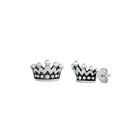 Sterling Silver Oxidized Crown Stud Earrings