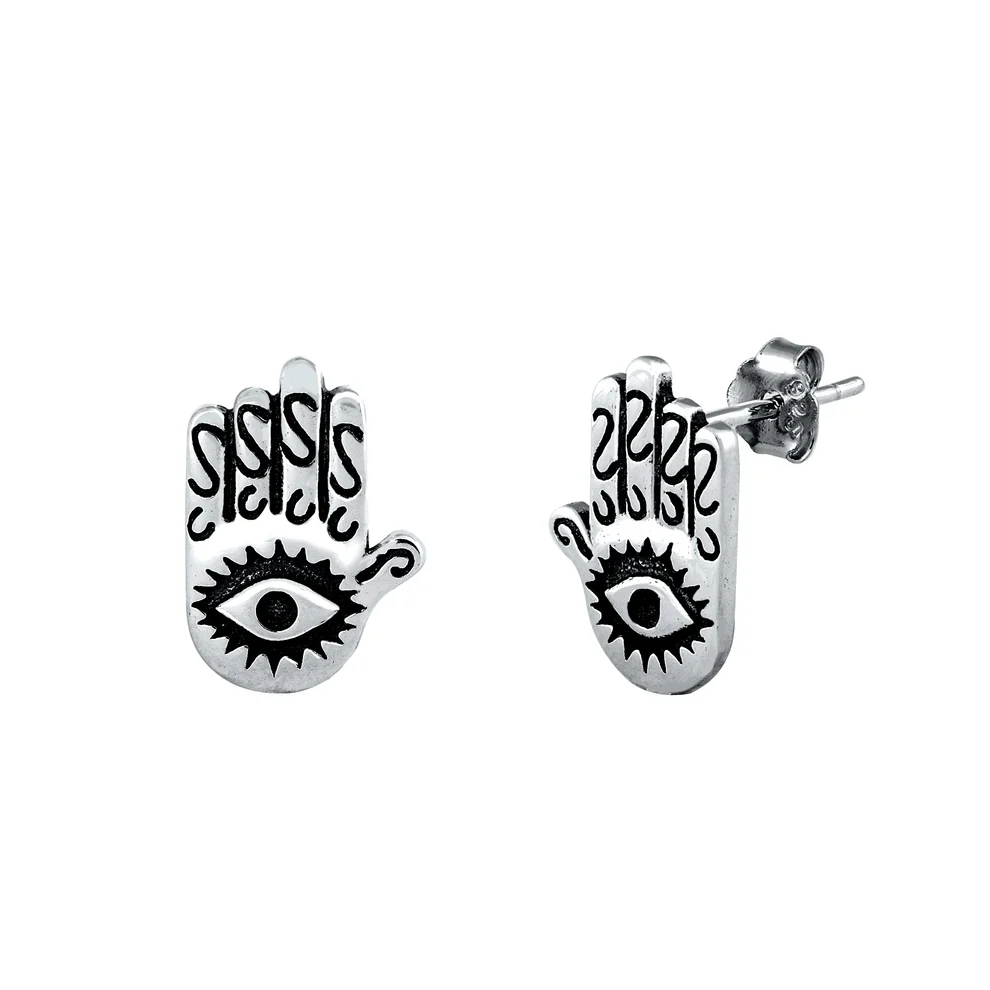 Sterling Silver Oxidized Hamsa Stud Earrings