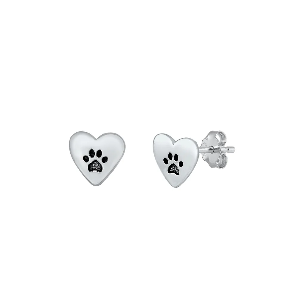 Sterling Silver Oxidized Paw And Heart Stud Earrings