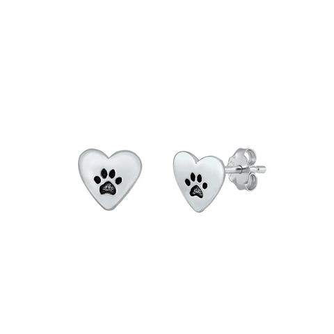 Sterling Silver Oxidized Paw And Heart Stud Earrings