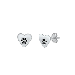 Sterling Silver Oxidized Paw And Heart Stud Earrings