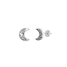 Load image into Gallery viewer, Sterling Silver Oxidized Filigree Moon Stud Earrings