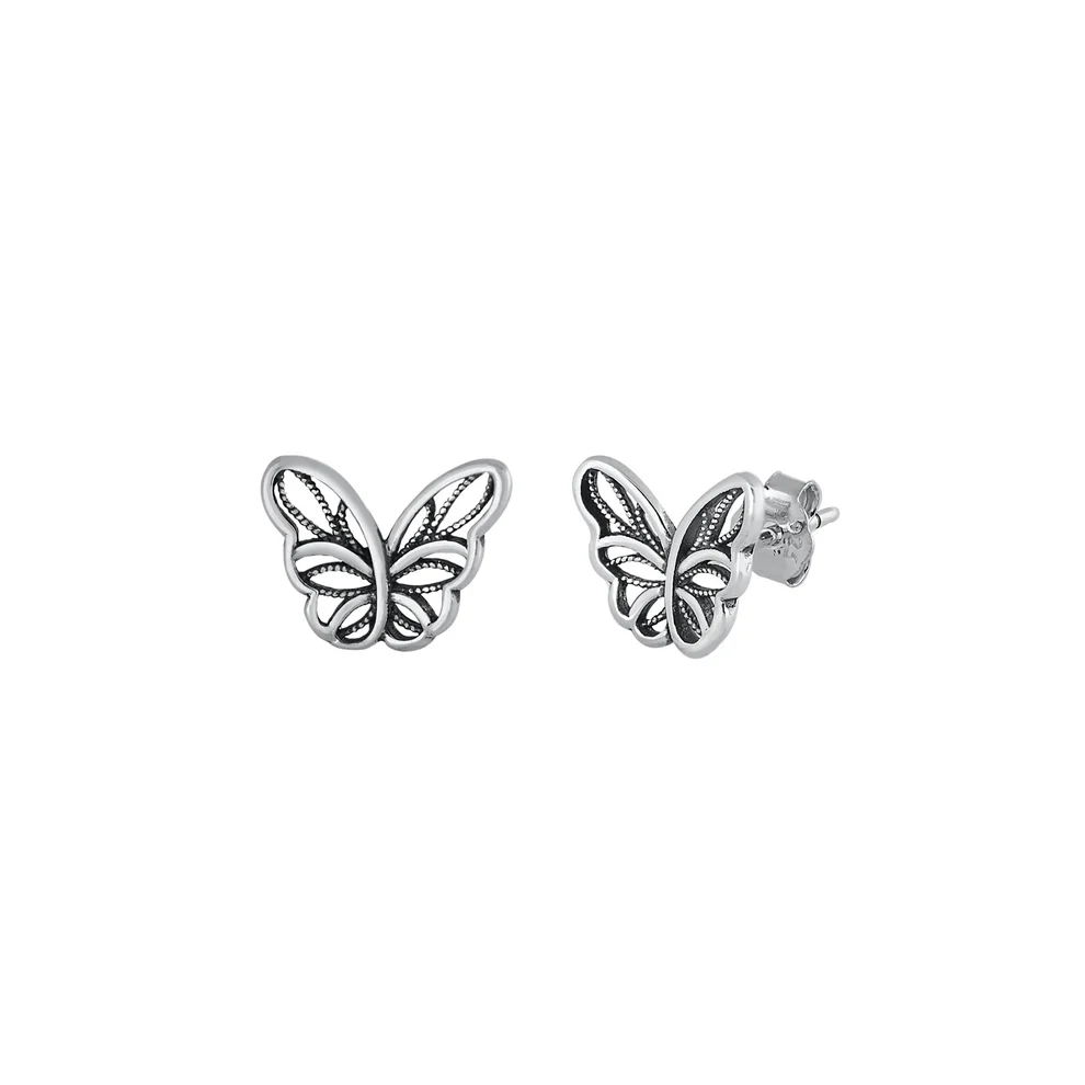 Sterling Silver Oxidized Butterfly Stud Earrings