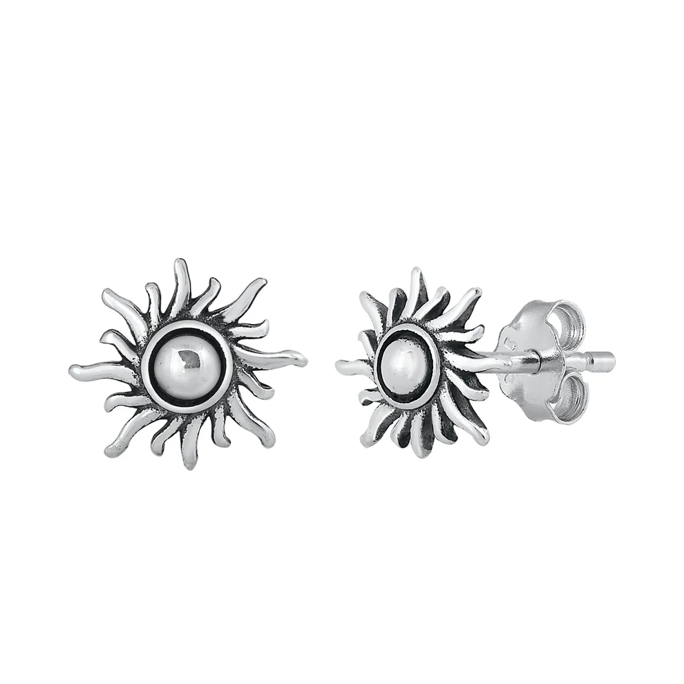 Sterling Silver Oxidized Sun Stud Earrings