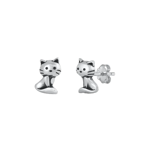 Sterling Silver Oxidized Cat Stud Earrings