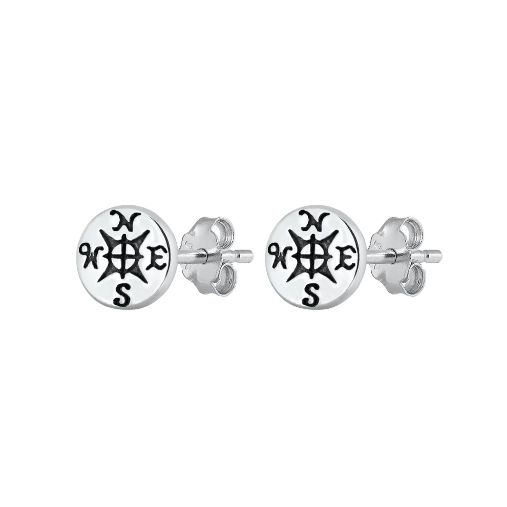 Sterling Silver Oxidized 7.7mm Compass Stud Earrings