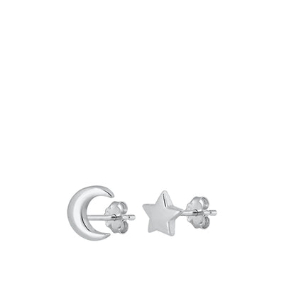Sterling Silver Oxidized Moon And Star Stud Earrings