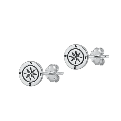Sterling Silver Oxidized Compass Stud Earrings