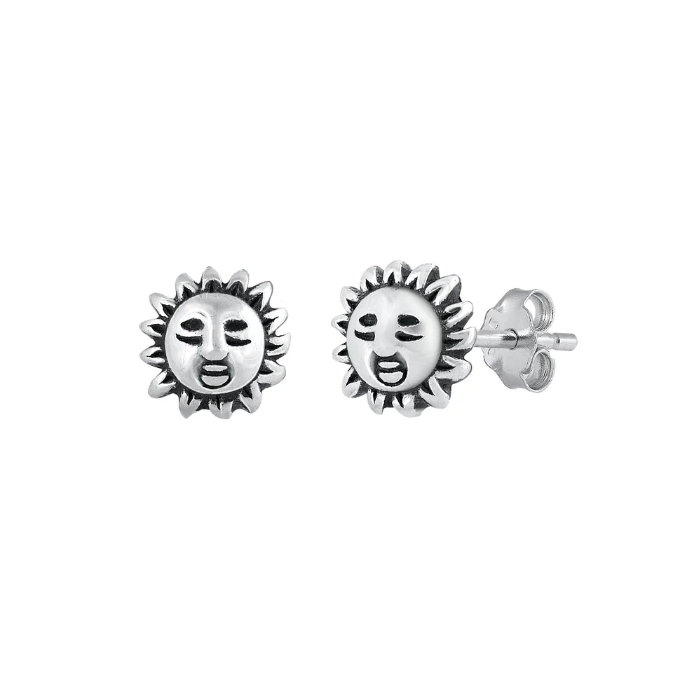 Sterling Silver Oxidized Sun Stud Earrings