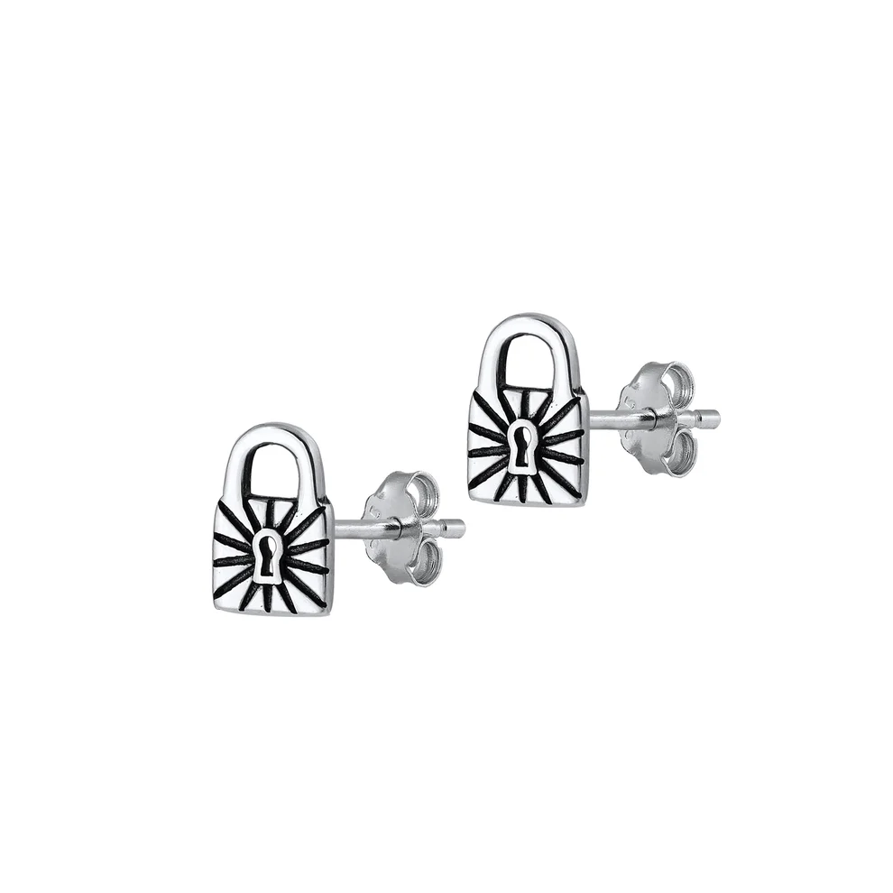 Sterling Silver Oxidized Padlock Stud Earrings
