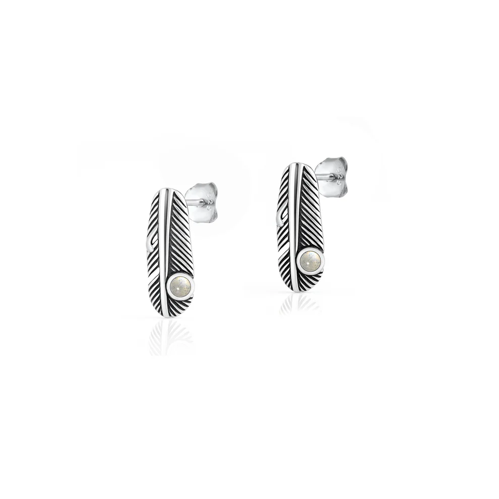 Sterling Silver Oxidized And Polished Feather Moonstone Earrings