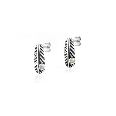 Sterling Silver Oxidized And Polished Feather Moonstone Earrings