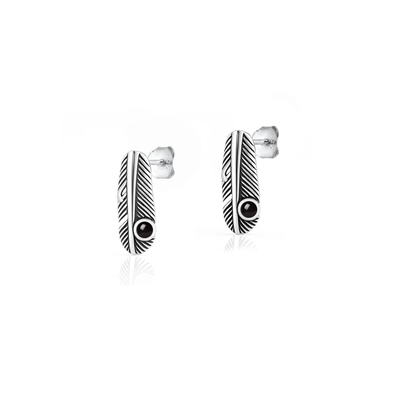 Sterling Silver Oxidized And Polished Black Onyx Stone Feather Earrings