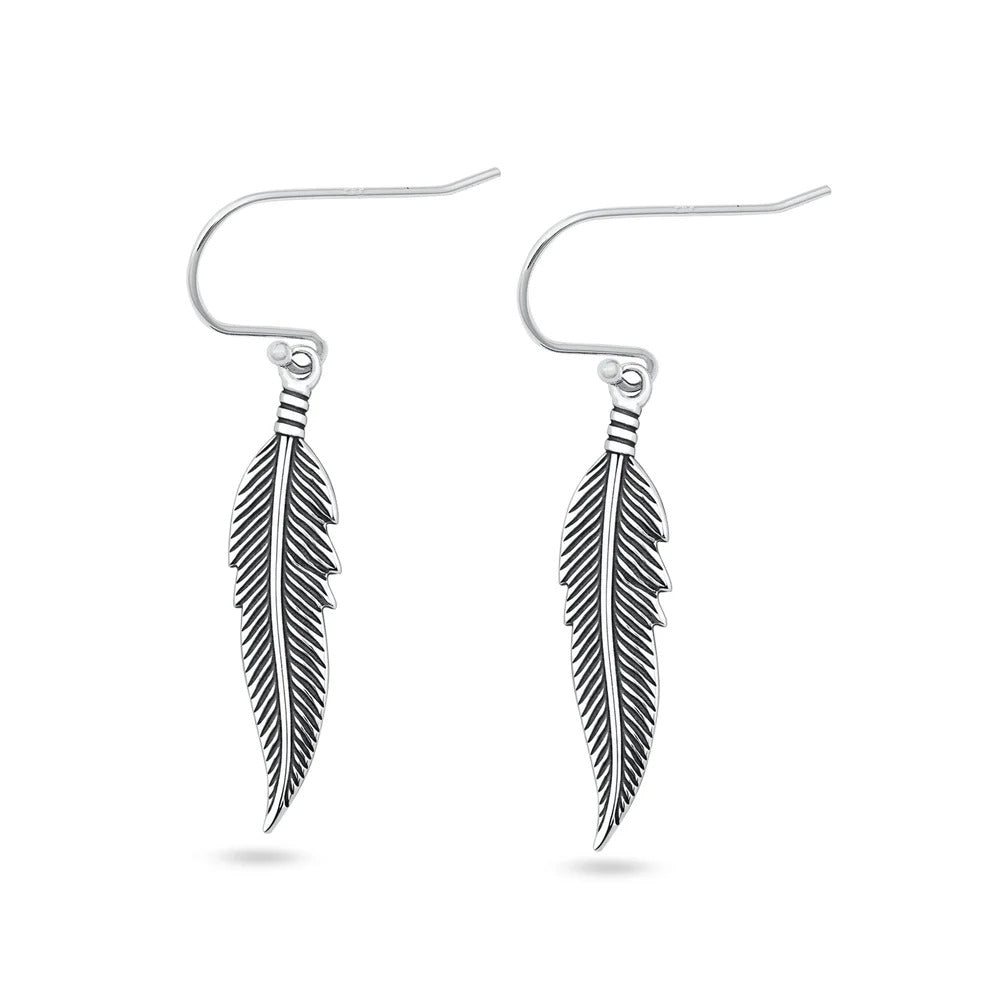 Sterling Silver Oxidized And Polished 27.5mm Feather Earrings