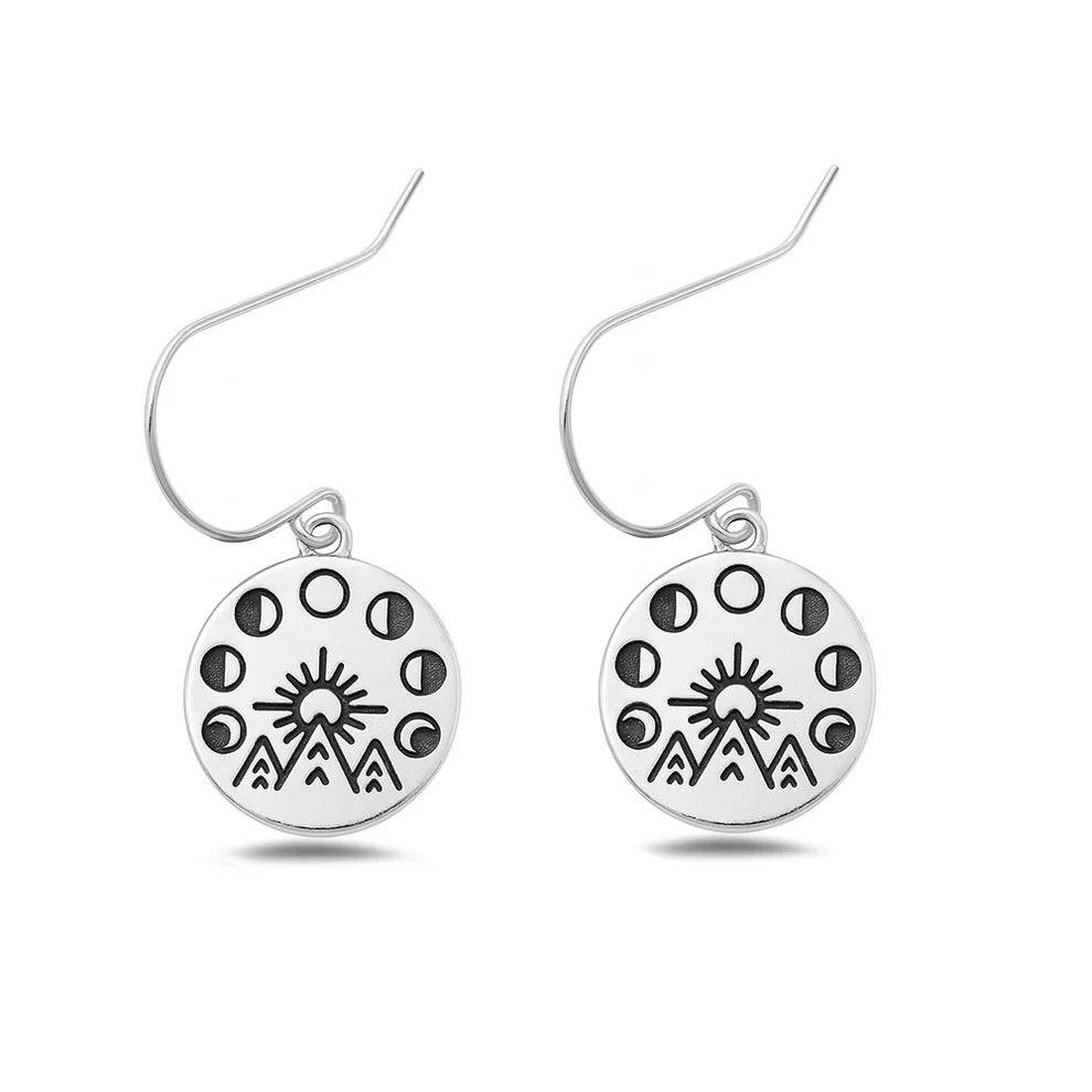 Sterling Silver Oxidized And Polished Sun Moon Phase And Mountain Earrings