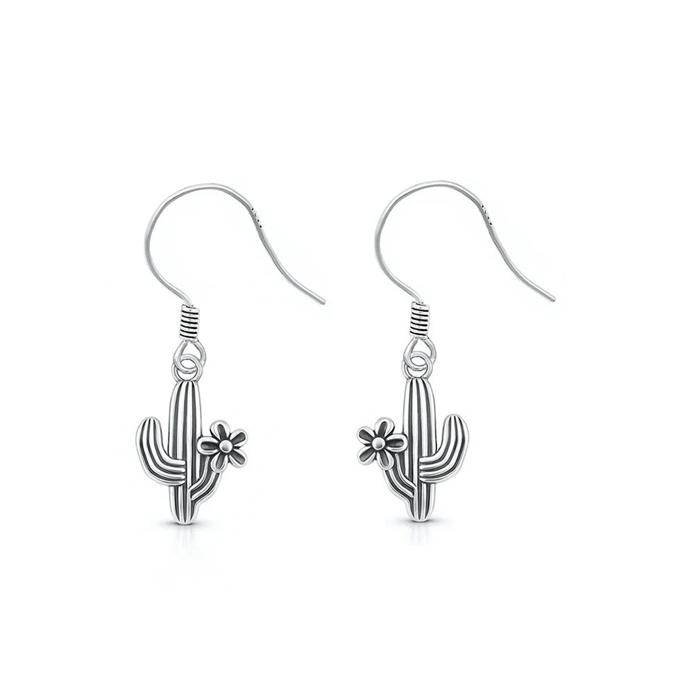 Sterling Silver Oxidized And Polished 12.1mm Cactus Earrings