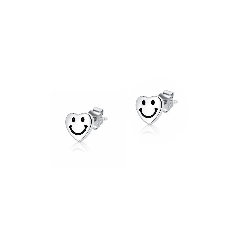 Sterling Silver Oxidized And Polished Happy Face Heart Earrings