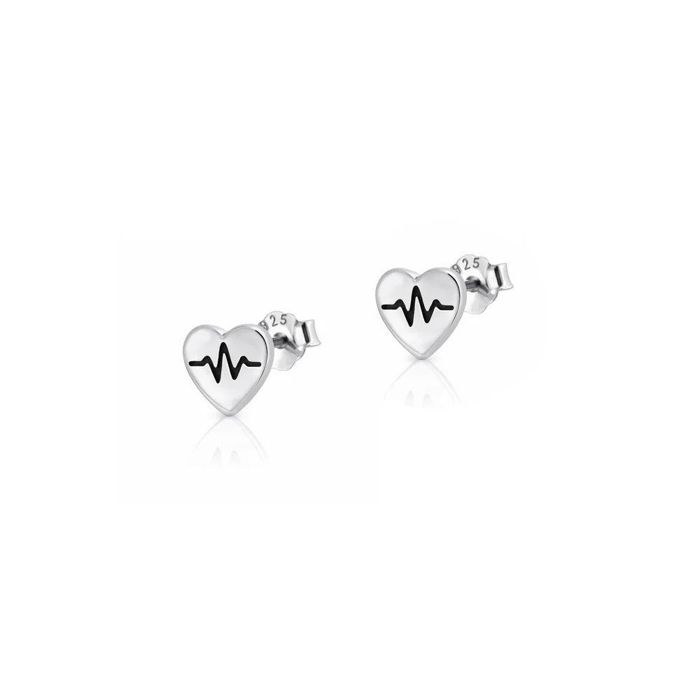 Sterling Silver Oxidized And Polished 6mm Heart EKG Earrings