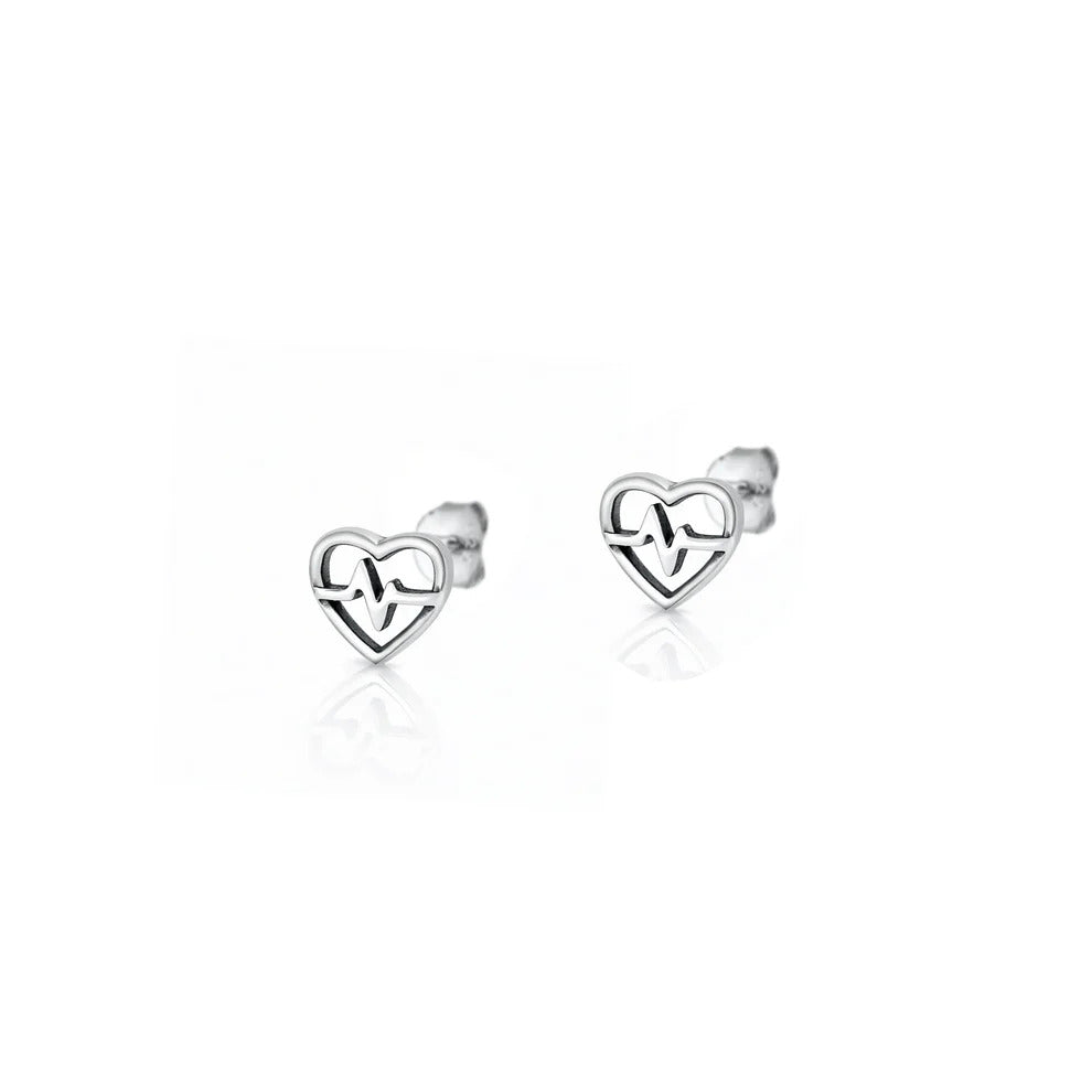 Sterling Silver Oxidized And Polished Heart EKG Earrings