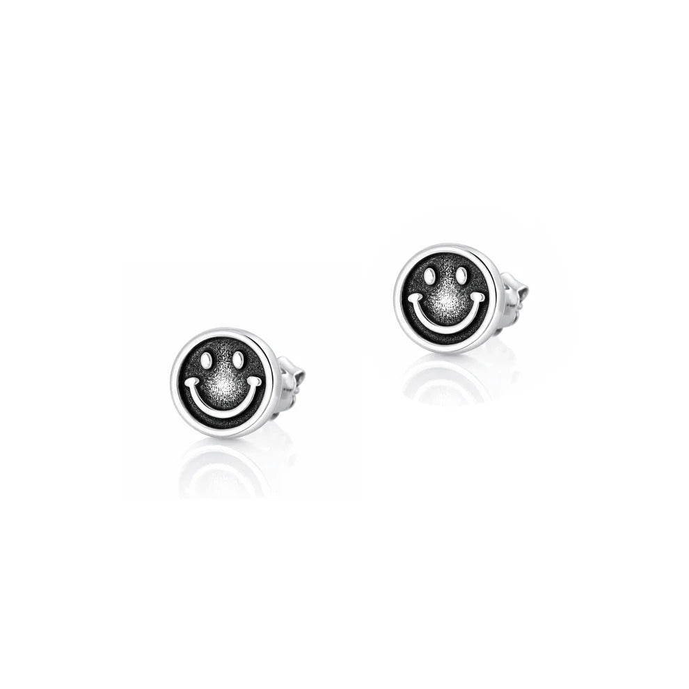 Sterling Silver Oxidized And Polished Happy Face Earrings