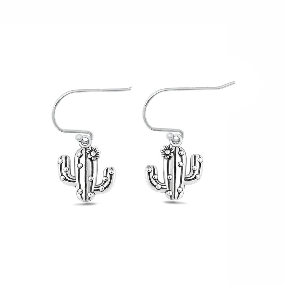 Sterling Silver Oxidized And Polished 9.8mm Cactus Earrings