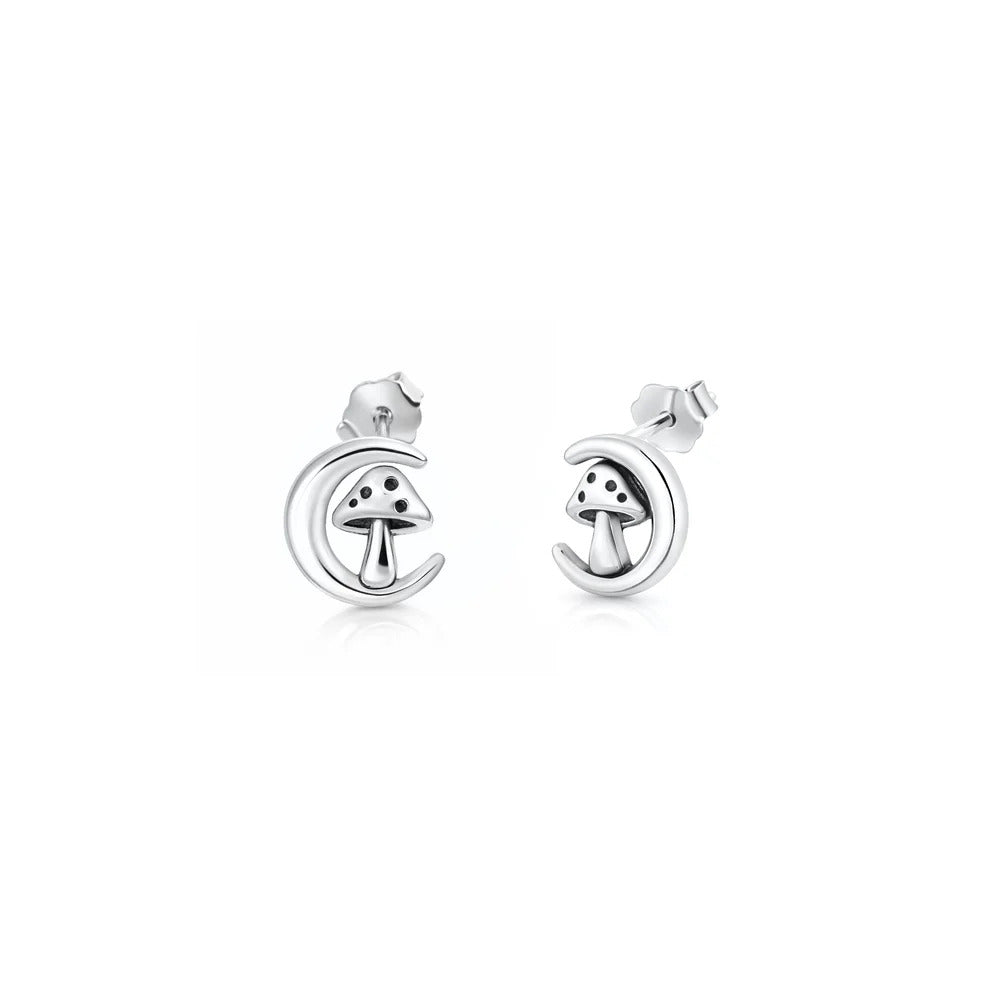 Sterling Silver Oxidized And Polished 8.7mm Moon And Mushroom Earrings